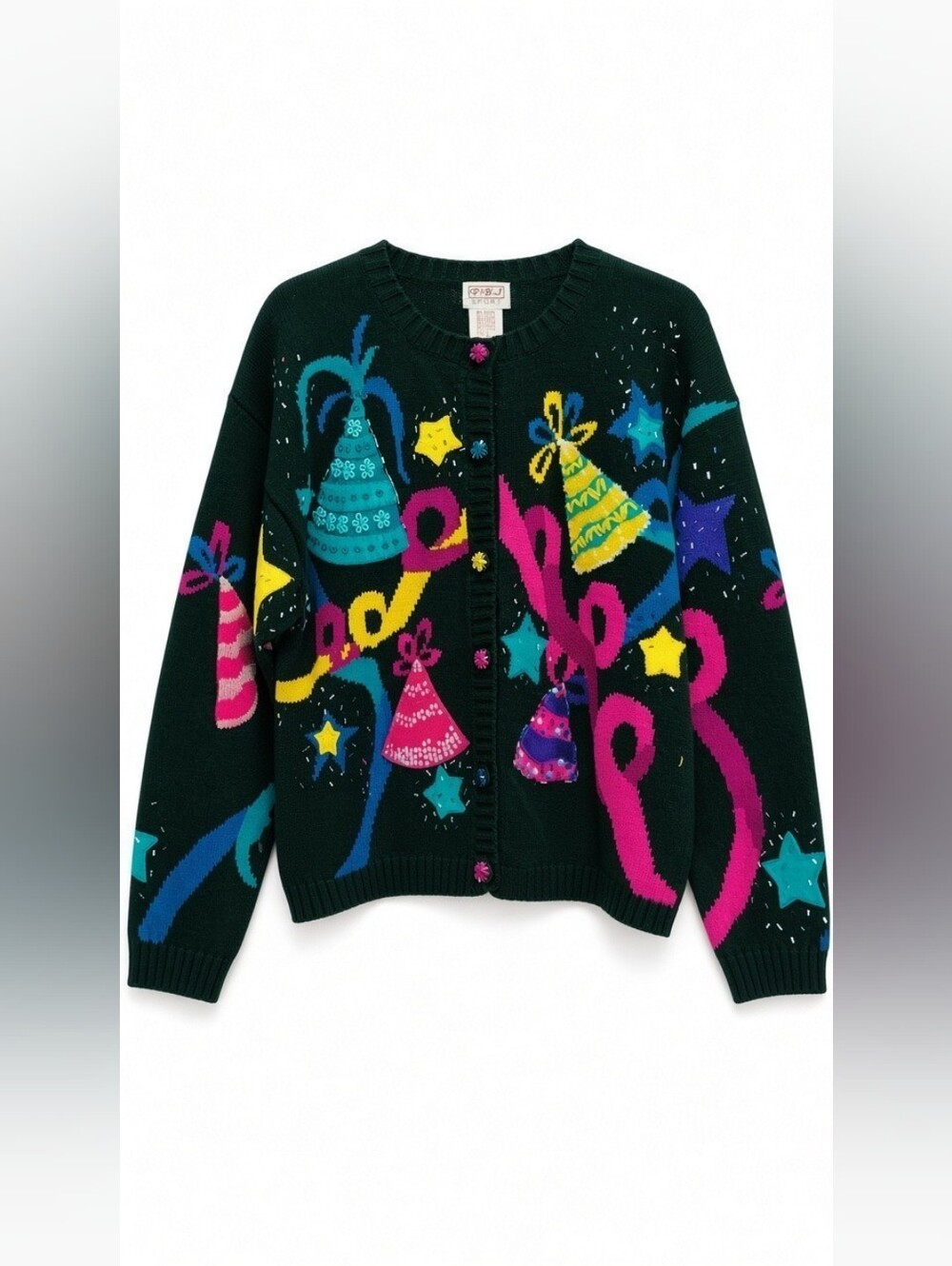 PBJ Sport Party Hat Cardigan Sweater Women's L Colorful Novelty Birthday